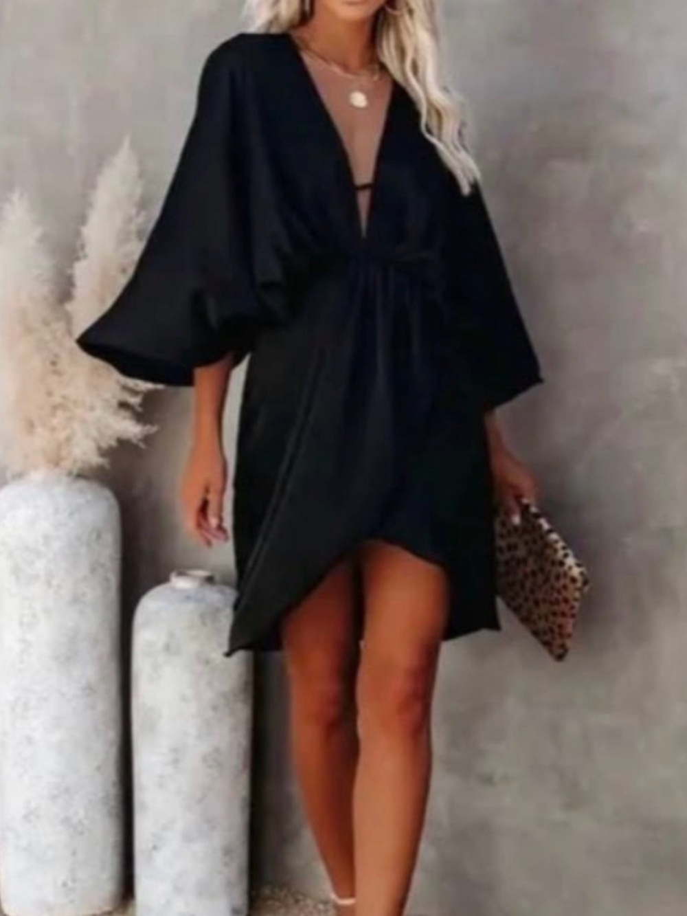 DO+BE Women's Black Satin Deep V Plunge Back Kimono Dress Size S Vici